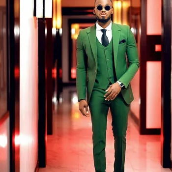 Yeşil Erkek Düğün Smokin Ince 3 parça Groomsmen Damat Ceket Takım Elbise Artı Boyutu Balo Parti Blazer Ceket (Ceket + Yelek + Pantolon)
