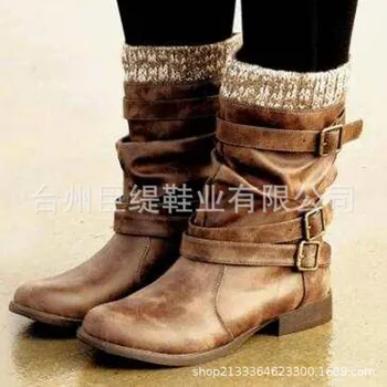 Kadın Çizmeler Örme Orta Buzağı Yüksek Çizmeler Kış Toka Kayış Tıknaz Topuklu Ayakkabı Kadın Retro Çizme Bayanlar Ayakkabı Üzerinde Kayma