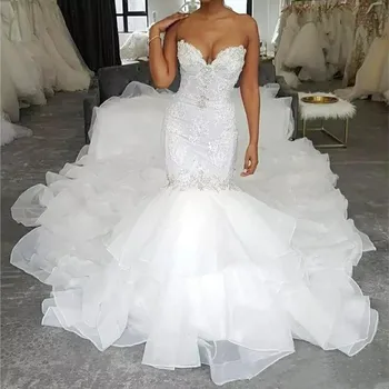 Sevgiliye Dantel Mermaid Gelinlik ile Ruffles Şapel Tren 2020 Kristal vestidos de novia Custom Made Gelin Gelinlik