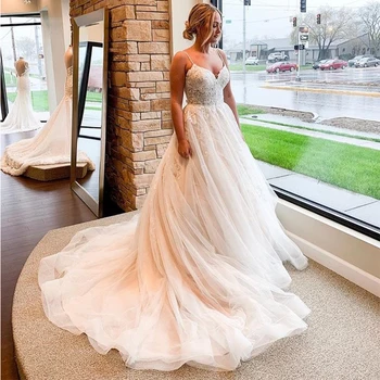Lüks A-line düğün elbisesi Aplikler Spagetti Sapanlar Şapel Tren Robe De Mariee 2019 Yeni Gelin Elbise Backless Gelinlikler