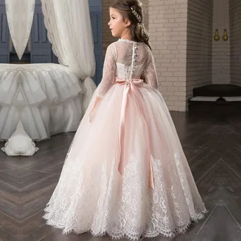 Prenses Pembe Çiçek Kız Elbise Komünyon Elbise Dantel Uzun Kollu Boncuklu Kabarık Balo Balo Pageant Etek Çocuklar İçin
