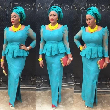 Nijeryalı Abiye 2019 Mavi Aso Ebi Dantel Mermaid Akşam Elbise Uzun Kollu Afrika Örgün Parti Elbise Vestido De Festa