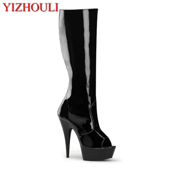 Klasikleri siyah / beyaz 6 inç yüksek topuklu diz çizmeler platformu kadın burnu açık çizmeler bahar ve sonbahar serin çizmeler