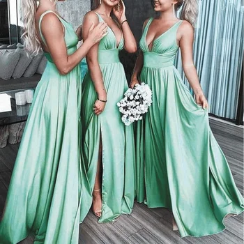 SuperKimJo Nane Yeşil Gelinlik Modelleri Uzun 2020 Saten Bir Çizgi V Boyun Ucuz Düğün Parti Elbiseler Vestido Madrinha