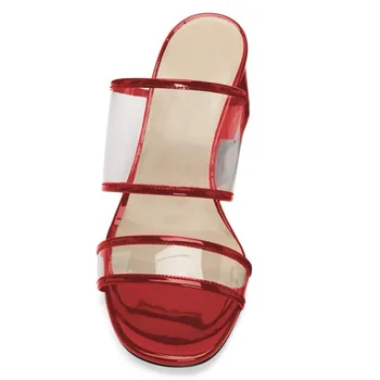 LOVIRS Bayan Muhtasar Stil Açık Yuvarlak Ayak PVC Kayış Slingback Orta Blok Topuk Sandalet Rahat moda ayakkabılar Elbise Parti ıçin