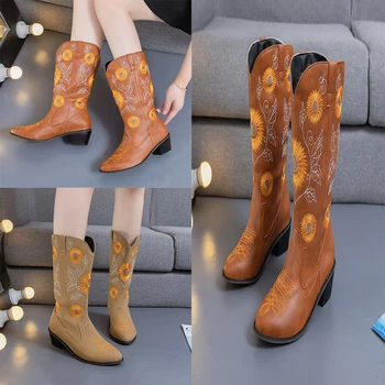 Klasik Işlemeli Batı Pu Deri Çizmeler Kadınlar ıçin Deri Cowgirl Çizmeler Düşük Topuklu Ayakkabı Diz Yüksek Kadın Çizmeler 9968