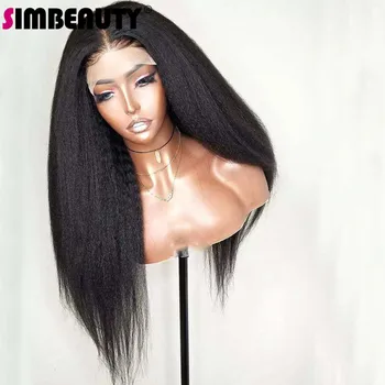 Simbeauty Kinky Düz Ekstra Tam Görünümlü Kaba Kinky İnsan Saç 360 Dantel Ön Peruk Siyah Kadınlar ıçin Ön Koparıp Saç Çizgisi