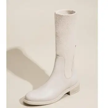 Kadın ayakkabısı 2021 Yeni Kış İngiliz Tarzı Kintting Çizmeler Kadın Döndü-over Kenar Beyaz Kalın Topuk Çorap Çizmeler Orta buzağı Çizmeler