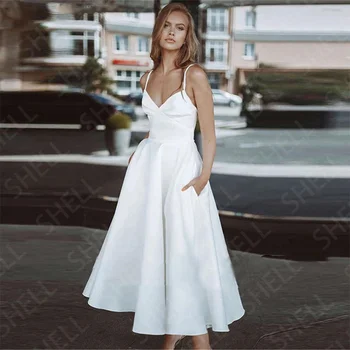 Modern Basit 2022 Beyaz Gelinlik Kolsuz Ayak Bileği Uzunluğu Gelinlikler Spagetti Sapanlar Gelin Elbiseleri Aç Geri Satışa