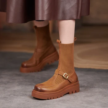 2021 Kış Platformu Kadın Çizmeler Hakiki Deri Slip-On Yuvarlak Ayak Kalın Topuk yarım çizmeler kadın ayakkabıları Düz tıknaz çizmeler