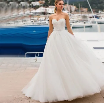 Sevgiliye Straplez Zarif Kolsuz A-Line Backless Gelinlik vestido de noiva Gelin Elbise Dantel-Up Gelinlikler