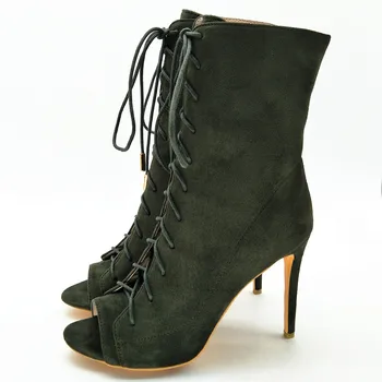 Orijinal Niyeti Yüksek Kaliteli Kadın Orta Buzağı Çizmeler Güzel Peep Toe Ince Yüksek Topuklu Çizmeler Ordu Yeşil Ayakkabı Kadın ABD Boyutu 4-10. 5
