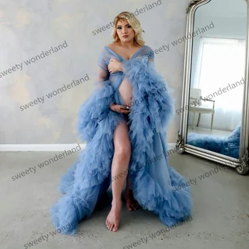 See Through Annelik Elbiseler Fotoğraf Çekimi veya bebek duş için Tül Chic Kadınlar Balo Elbise Artı Boyutu Uzun Kollu Robe