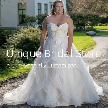 UETEEY Artı Boyutu düğün elbisesi A-Line Sevgiliye Katmanlı Tül Dantel Aplikler Kolsuz Payetli Backless Büyük gelinlikler 2021