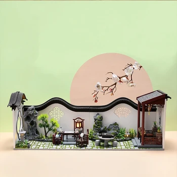 Çin Avlu DIY Ahşap Dollhouse Kiti Monte Minyatür Döşeli Dama Tahtası 3D Bebek Evi Oyuncak Çocuklar İçin Yetişkin Hediye