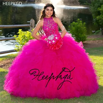Çarpıcı Fuşya Balo Kristaller Quinceanera Elbise O Boyun Kollu Ruffles Turuncu Tatlı 16 Kız Pageant Parti Törenlerinde