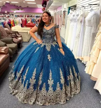 Lacivert Glitter Quinceanera Elbiseler Kapalı Omuz Altın Çiçek Aplike vestidos de 15 años elbise Korse Geri