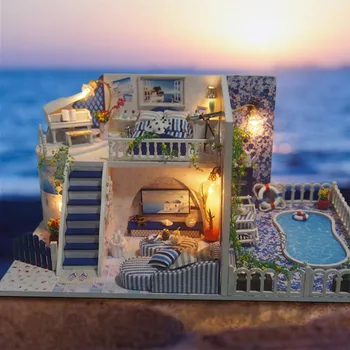 3D DIY Montaj Ahşap Bebek Evi Modeli Santorini Villa Havuzu Plaj Evi Led Dollhouse Kız doğum günü hediyesi Oyuncaklar Çocuklar için