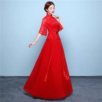 Kırmızı Uzun Cheongsam Gelinlik Çin Geleneksel Elbise Kadın Modern Qipao Robe Orientale Akşam Gelinlik