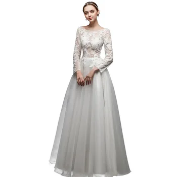 Zarif Dantel Beyaz Gelinlik 2020 Uzun O Boyun Dantel fermuar Bir çizgi Prenses Gelin Elbiseler Düğün Parti Birde Elbiseler