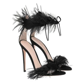 Seksi Beyaz Tüy Dantel-up Yüksek Topuklu Sandalet Peep Toe Cut-out Gladyatör Elbise Ayakkabı Ayak Bileği Kayışı Düğün Parti Elbise Ayakkabı