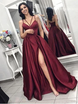 Bordo Abiye Zarif Balo Elbise 2020 Yeni Kadın Saten Örgün Seksi Yarık Parti Kıyafeti robe soiree vestido de festa
