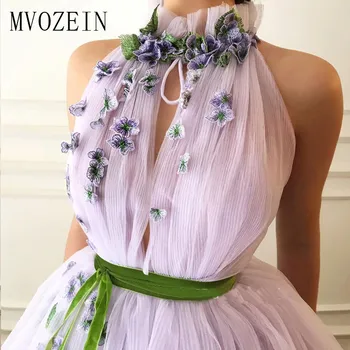 Zarif Leylak Abiye 3D Çiçek Yüksek Yaka Parti Giyim Uzun Gelinlik Modelleri 2020 Sleevelss Örgün Törenlerinde vestido de festa