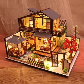 DIY Ahşap Bebek Evi El Sanatları Minyatür Kiti ile Mobilya, DIY Dollhouse Kiti Artı Toz Geçirmez Kapak
