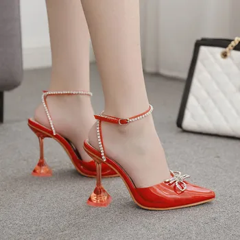 Perixir Tasarım Kadın Sandalet Rhinestones PVC Sivri Burun Parlak Moda Ayakkabı Kristal Toynak Topuklu Pompalar 2021 Lady Yaz