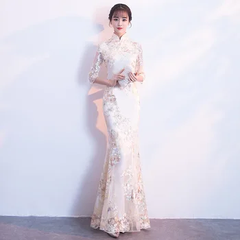 Fishtail Çin Geleneksel Cheongsam Elbise Kadın Elegance Antik Qipao Lady Düğün Parti Elbise Çiçek Akşam Elbise Kıyafeti