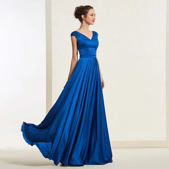 Dressv denim mavi uzun balo elbise v yaka cap sleevs a hattı basit fermuar up kat uzunluk akşam parti kıyafeti gelinlik modelleri