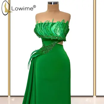 Tüyler Yeşil Straplez Uzun Abiye Boncuk Cut-out Saten Balo Parti Törenlerinde Vestidos De Noche Resmi Elbiseler