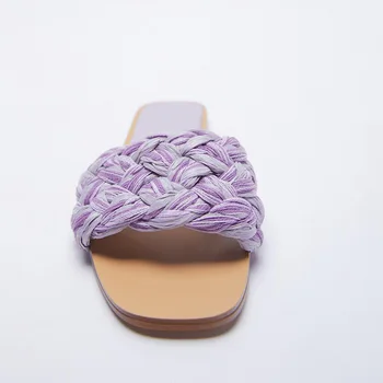 ZA Yaz Yeni kadın ayakkabısı Mor Kare Ayak Dokuma Sandalet Terlik 2021 Rahat Düz Dokuma Renk Eşleştirme Sandalet Kadın