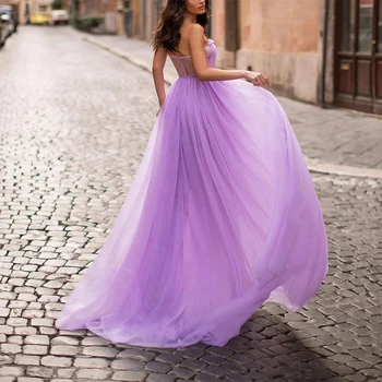 Açık Mor Balo Elbise 2021 Uzun Tül Elbiseler A-line Güzel Parti Elbise Kız Illusion Basit Seksi Yüksek Yarık Abiye