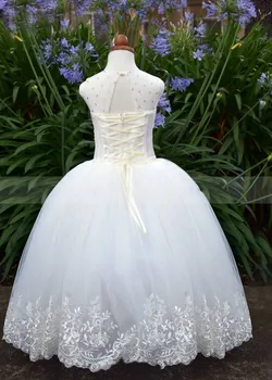 Prenses Fildişi Tül Kabarık Çiçek Kız Elbise Dantel Boncuk Keyhole Geri Parti Elbisesi İlk Communion Elbise