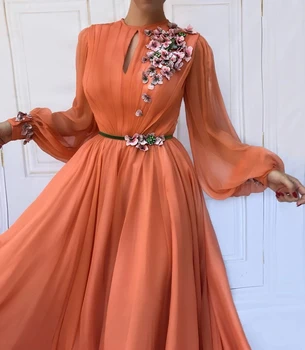 Turuncu Fas Müslüman Abiye A-line Uzun Kollu Şifon Uzun Lüks Türkiye Dubai Suudi Arabistan Balo Elbise Kıyafeti