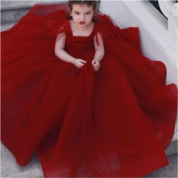 Çocuk resmen giymek yeni kırmızı güzellik pageant doğum günü Noel bebek çocuk parti elbise ile yüksek boyun ve uzun kollu