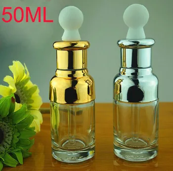 100 adet/grup 50 ml Gümüş/altın uçucu yağ şişesi ile UV plastik kap +cam damlalık ambalaj için, temizle 50 ml cam şişeler