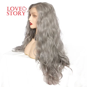 Lovestory Gri Renk Sentetik dantel ön peruk Su Dalga Yarım el bağladılar ısıya dayanıklı iplik saç Değiştirme peruk