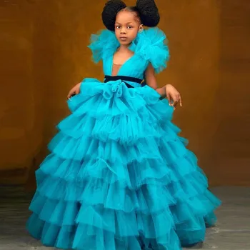 Aqua Mavi Kız balo kıyafetleri Ekstra Kabarık vestido de festa Kız Pegeant Elbise 2021 Uzun Tül Lush Ruffles balo elbisesi Kız Düğün