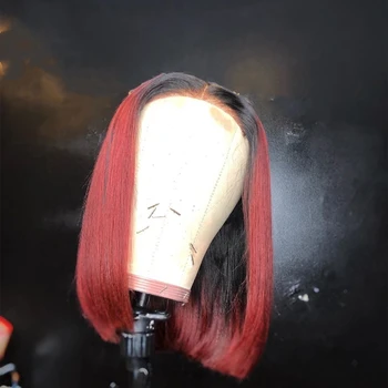 13x4 Ombre Kırmızı insan saçı Dantel ön peruk Ipek Düz Kısa Bob Brezilyalı Remy Doğal Saç Çizgisi Tutkalsız Peruk ıle Bebek Saç
