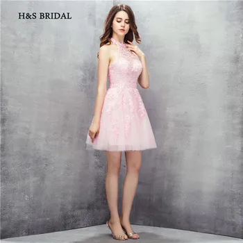 H & S Gelın Pembe Tül Halter Backless Kısa Kokteyl Parti Elbiseleri Mini Güzel Kız Mezuniyet Elbiseleri