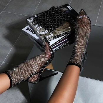 Kadın Yarım çizmeler 2020 Seksi Siyah Fishnet Stocking Yüksek Topuklar Bayanlar Moda Sivri Burun Ayakkabı Oymak Pompa Artı Boyutu