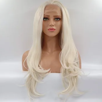 Uzun Dalga sentetik dantel ön peruk Sarışın doğal saç ısıya dayanıklı iplik peruk Kadınlar ıçin yumuşak makyaj peruk