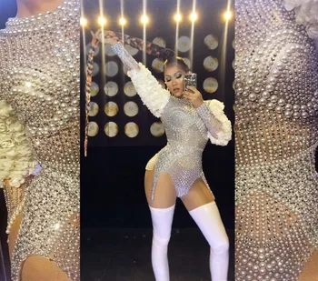 Süper İnciler Rhinestones Çiçek Bodysuit Seksi Performans Kadın Şarkıcı Leotard Sahne Giyim Doğum Günü Dans Giyim Streç Kıyafet