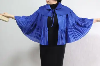 Sıcak SATIŞ Miyake moda saçaklı v yaka katı kemer Fırfır pelerin ceket STOKTA