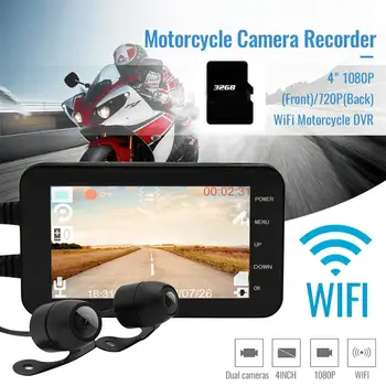 WiFi Motosiklet DVR Sürüş Video Kaydedici İle 32 GB Kart Ön ve Arka Kamera Dash kamera 4 inç 1080 P (Ön) / 720 P