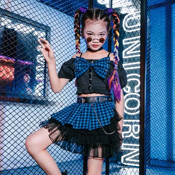Çocuklar Caz Dans Giyim Kız Modeli Podyum Kostüm Çocuk HipHop Sokak Dans Performansı Elbise Mavi Siyah Tops Etek