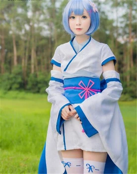 Yeni YENİDEN sıfır Başlangıç Hayat Başka Bir Dünya Ram Rem Çocukluk Kimono Cosplay Kostüm Cadılar Bayramı Topu Anime Elbise