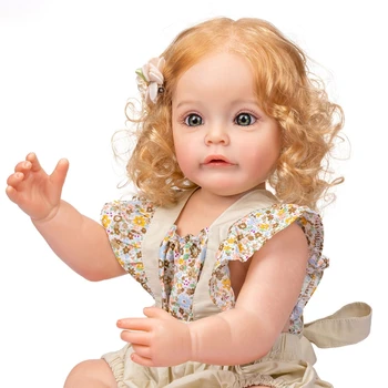 55 cm / 21in Tatlı Kız Bebek ile Sarışın Kıvırcık Saç Kahverengi / Mavi Gözler-Açık Gerçekçi Kafkas Reborns için Toddlers Dollhouse